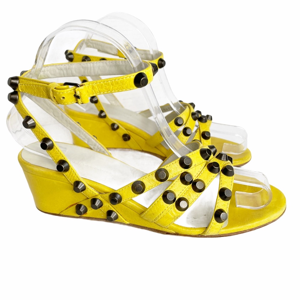 Balenciaga yellow leather studded strappy wedges